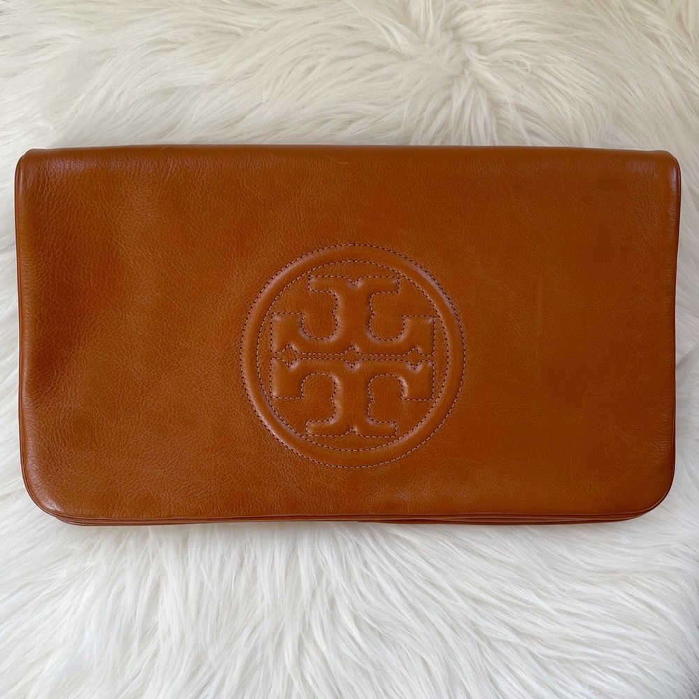 Tory Burch Brown Leather Clutch (Reva Bombe)